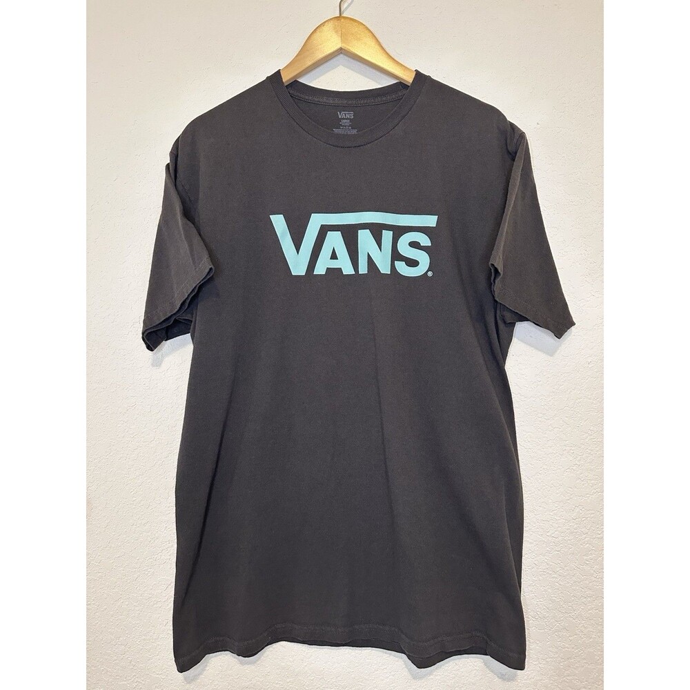 Vans Classic Logo T-Shirt Mens Large Black Aqua Blue Graphic Skate Tee